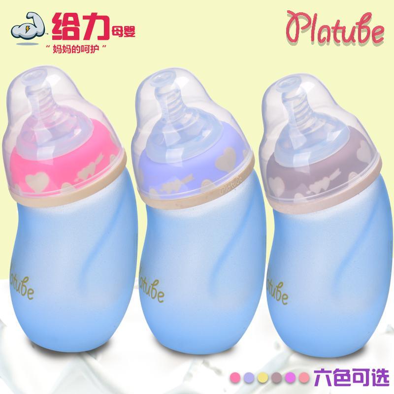 厂家批发 硅胶防滑防爆防胀气宽口婴儿玻璃奶瓶异形保温感温奶瓶