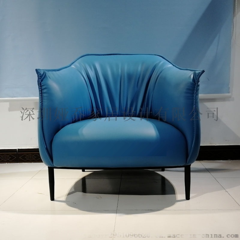 蓝色皮革不锈钢单人沙发休闲椅